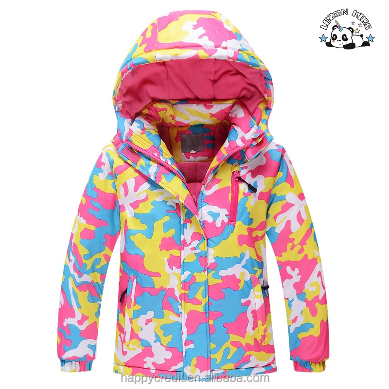 LEZONKIDS - Conjunto de Esqui Infantil Camuflado de Jaqueta e Calças Impermeáveis e Aquecidas para Meninas